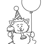Happy Birthday, A Cat Blowing A Horn For Happy Birthday Party Coloring Page: A Cat Blowing a Horn for Happy Birthday Party Coloring Page