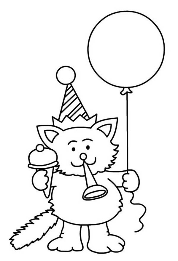 Happy Birthday, : A Cat Blowing a Horn for Happy Birthday Party Coloring Page