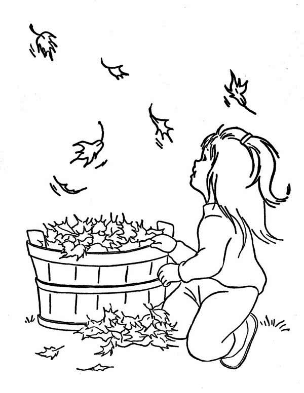 Fall Leaf, : A Little Girl Watching Fall Leaf Coloring Page