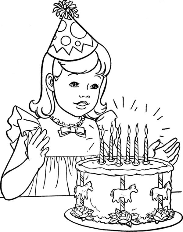 Happy Birthday, : A Little Girl with Happy Birthday Cake Coloring Page