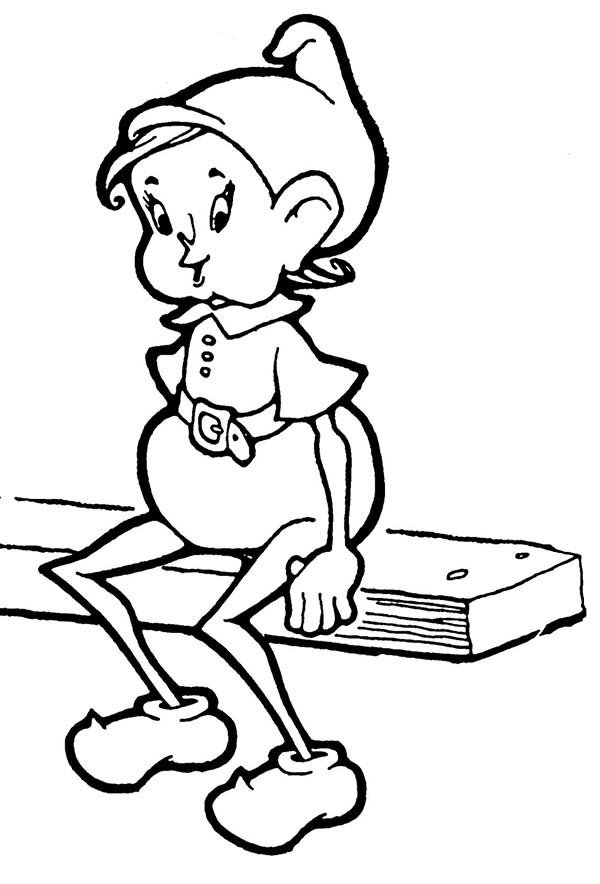 Elf, : An Elf Sitting on Bench Coloring Page