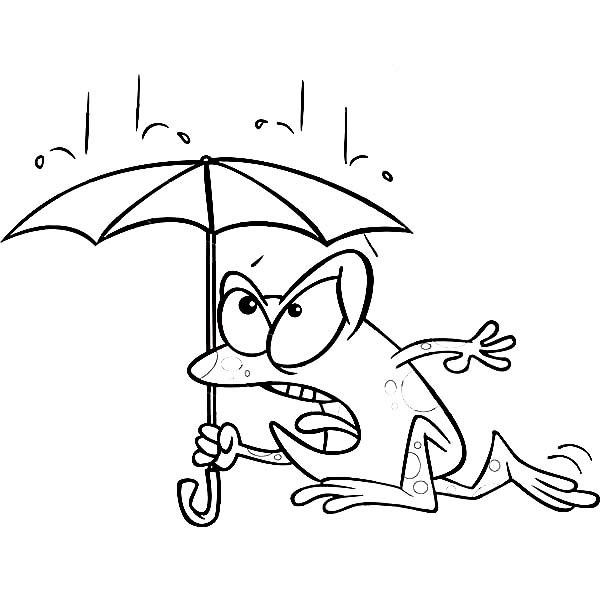 Raindrop, : Cartoon of Frog Dashing Through the Raindrop with an Umbrella Coloring Page