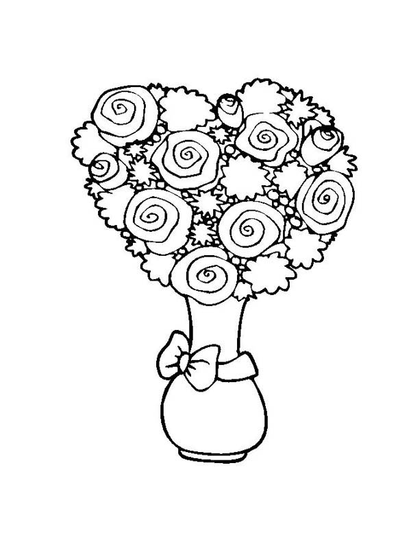 Flower Bouquet, : Flower Bouquet Shaped Heart Coloring Page