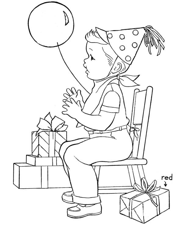 Happy Birthday, : Happy Birthday Boy and a Lot of Present Coloring Page
