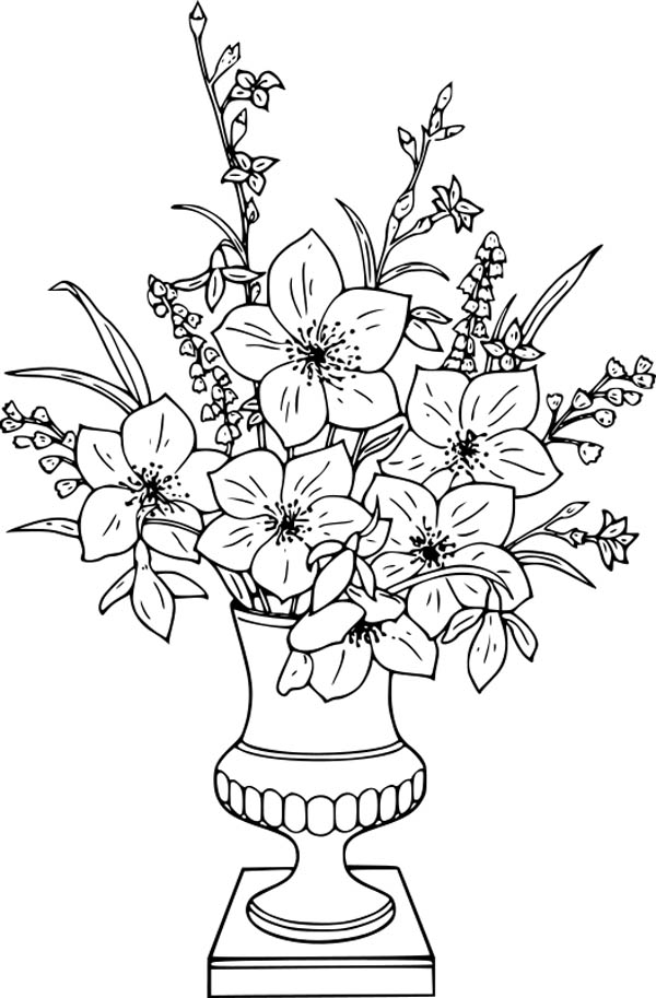 Flower Bouquet, : Lily Flower Bouquet in Vase Coloring Page