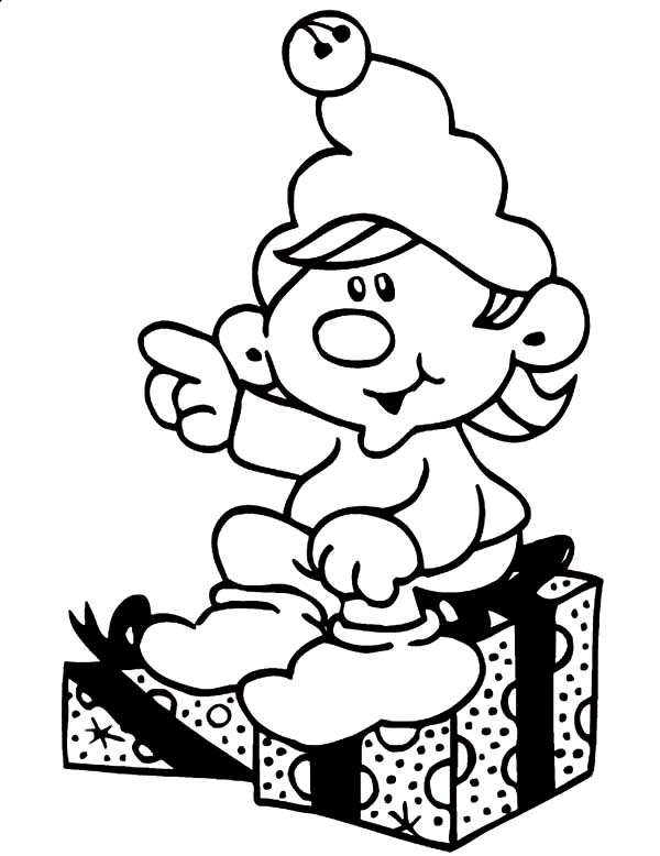 Elf, : Little Elf Sitting on Present Coloring Page