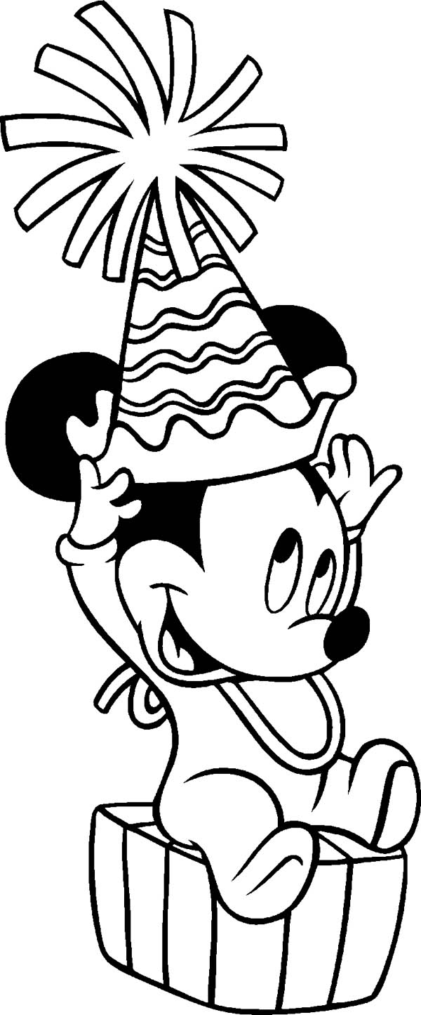 Happy Birthday, : Little Mickey Mouse with Happy Birthday Hat Coloring Page
