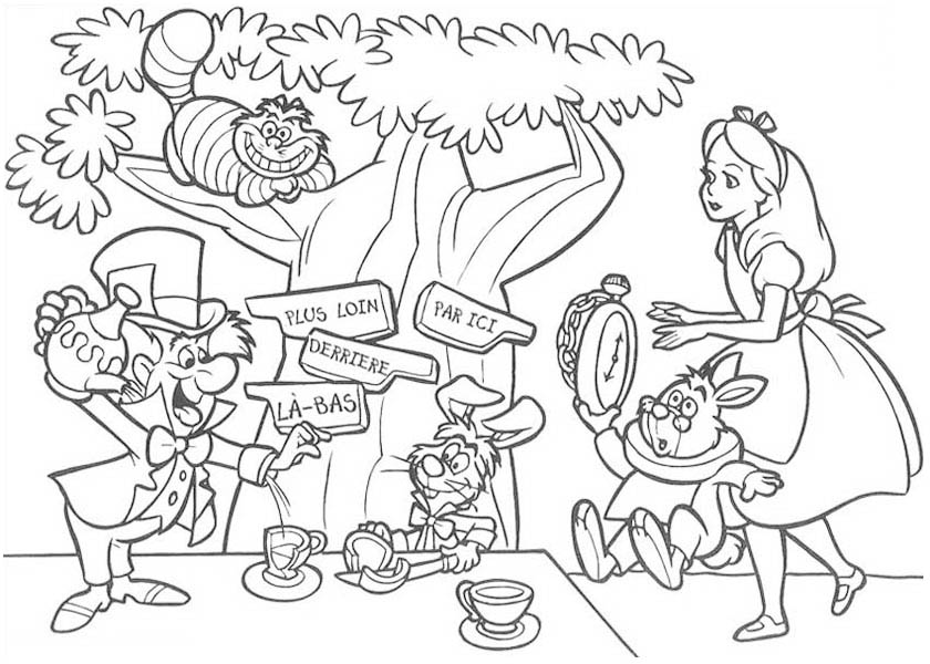 Mad Hatter, : Mad Hatter Having Tea Party Coloring Page