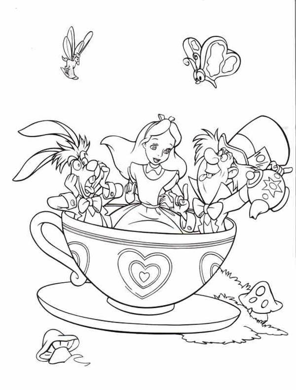 Mad Hatter, : Mad Hatter Tea Party with Alice and White Rabbit Coloring Page