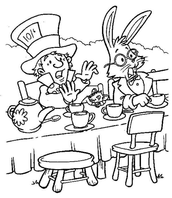 Mad Hatter, : Mad Hatter and White Rabbit Tea Party in Alice in Wonderland Coloring Page