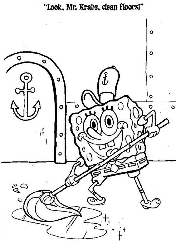 Krusty Krab, : SpongeBob Mopping the Floor at Krusty Krab Coloring Page