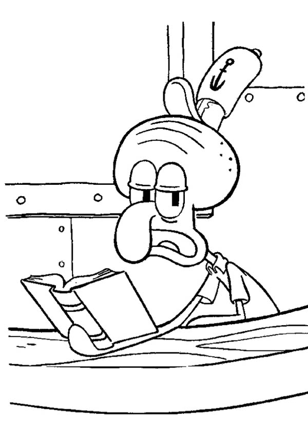 Krusty Krab, : SquidWard Reading a Book in Krusty Krab Coloring Page