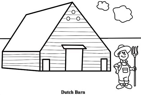 Barn, : A Farmer and Dutch Barn Coloring Page