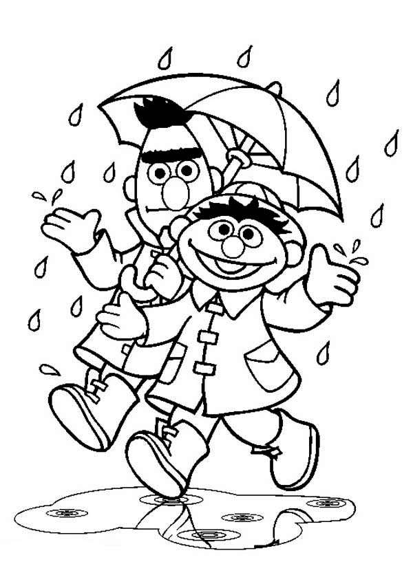 Sesame Street, : Bert and Ernie Under Umbrella in the Rain in Sesame Street Coloring Page