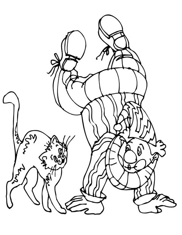 Clown, : Cat with Clown Who Stand with Two Hand Coloring Page