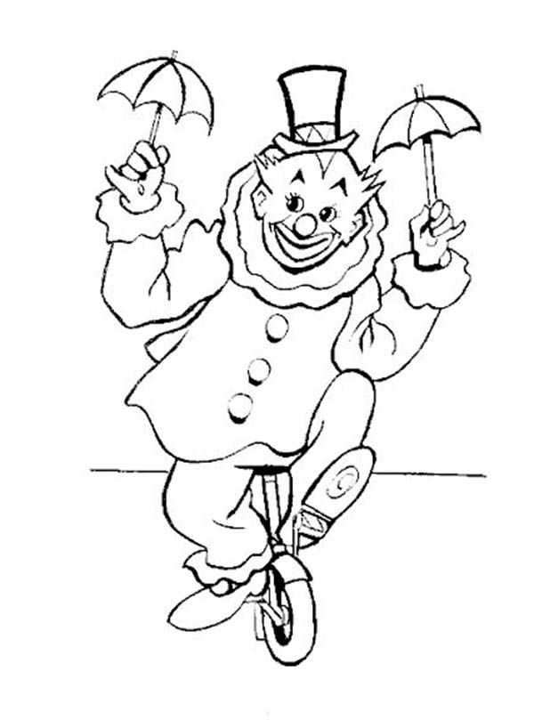 Clown, : Clown Riding a Unicycle Coloring Page