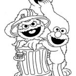 Sesame Street, Cookie And Elmo With Oscar In Garbage Can In Sesame Street Coloring Page: Cookie and Elmo with Oscar in Garbage Can in Sesame Street Coloring Page