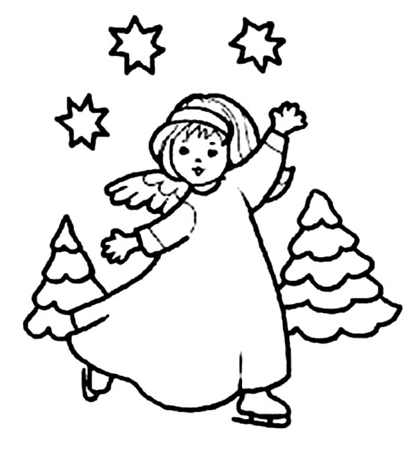Angels, : Dancing Angels with Stars and Cristmas Tree Coloring Page