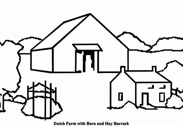 Barn, : Dutch Farm with Barn and Hay Barrack Coloring Page