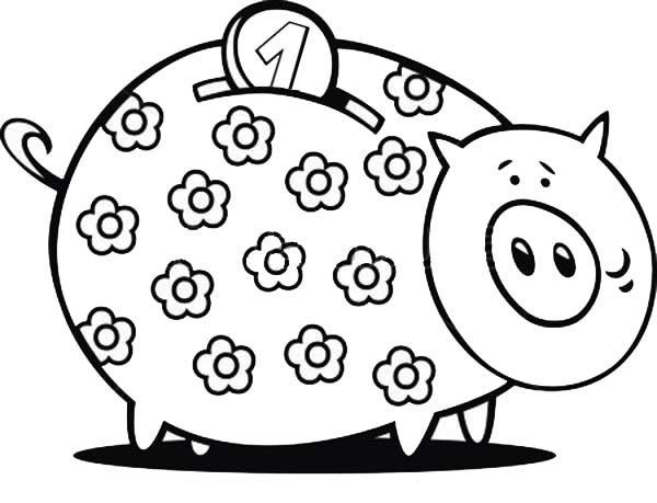 Piggy Bank, : Floral Piggy Bank Coloring Page