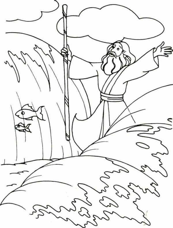 Moses, : Moses Divide the Red Sea with His Stick Coloring Page