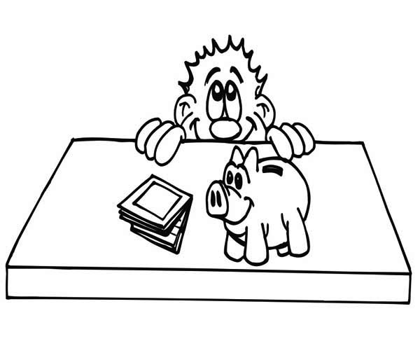 Piggy Bank, : Piggy Bank on the Table Coloring Page