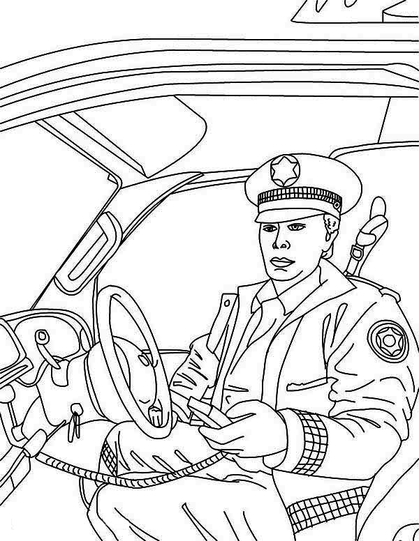Police Car, : Police Man Reporting to Head Quarter in Police Car Coloring Page