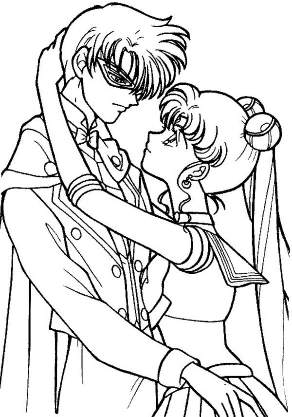 Sailor Moon, : Sailor Moon and Tuxedo Mask are in Love Coloring Page