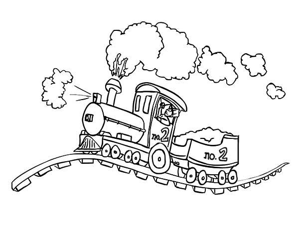 Railroad, : Steam Locomotive on Bumpy Railroad Coloring Page