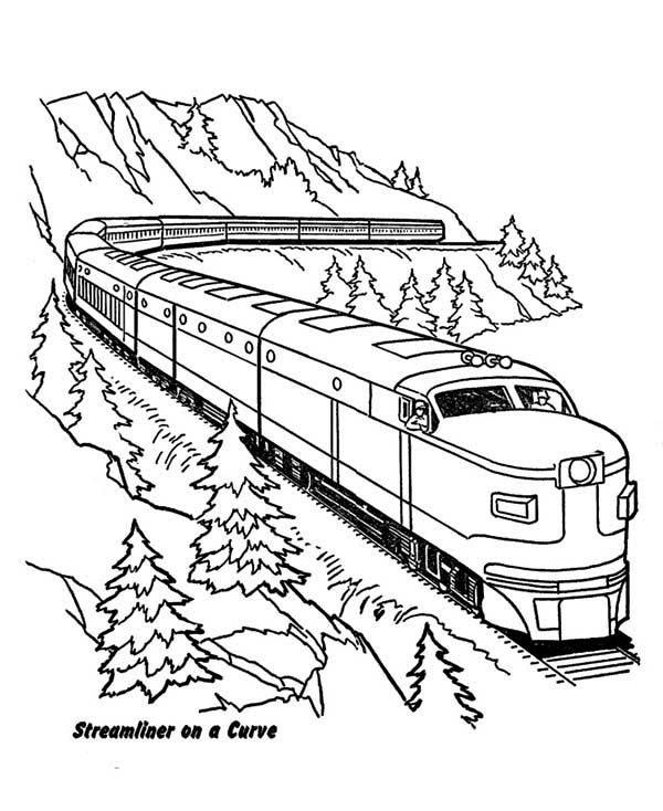 Trains, : Streamliner Train on a Curve Coloring Page