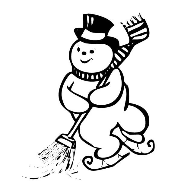 Snowman, : Ice Skating Snowman while Cleaning the Street Coloring Page