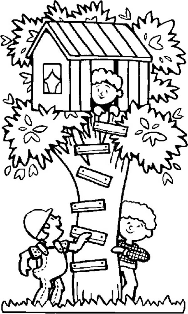 Treehouse, : Kids Playing Hide and Seek at Treehouse Coloring Page