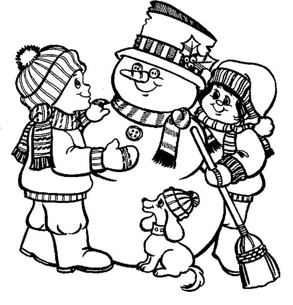 Snowman, : Two Kids and Dog Make a Snowman Coloring Page