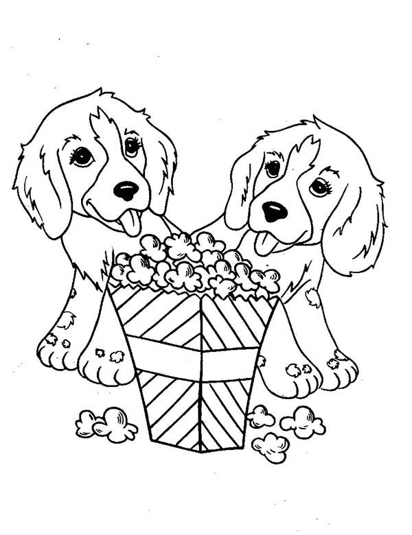 Dogs, : Two Little Dog Eating Popcorn Coloring Page