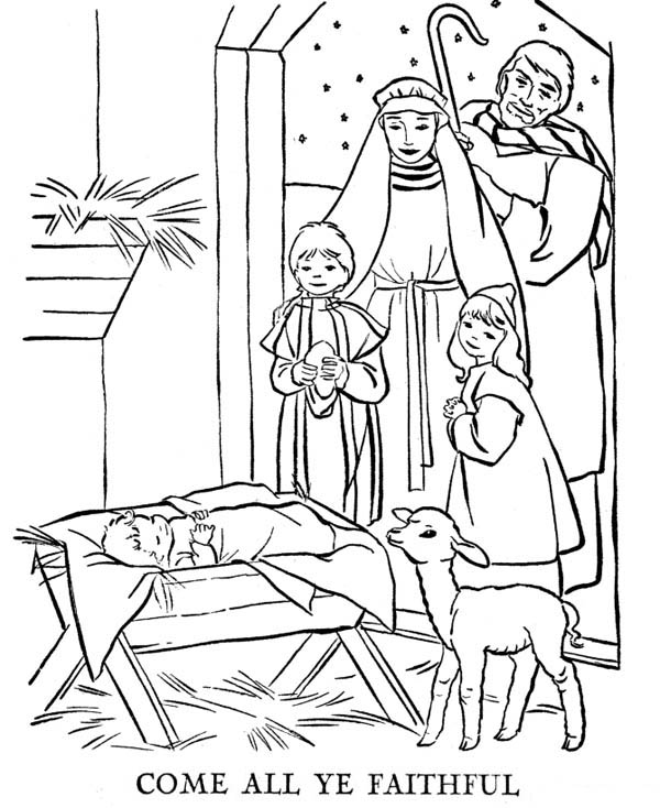 Nativity, : Adorations of the Shepherds in Nativity Coloring Page