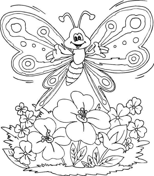 Nature, : Butterfly and Flower of Nature Coloring Page