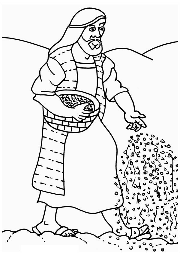 Parable of the Sower, : Farmer Scattering Seed in Parable of the Sower Coloring Page