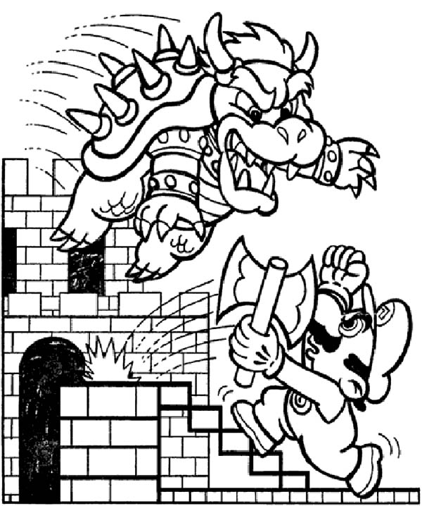 Mario Brothers, : Final Battle Between Mario and Dragon in Mario Brothers Coloring Page