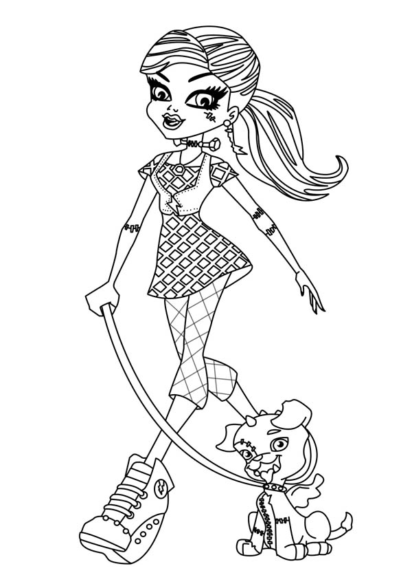 Monster High, : Frankie Stein Walking Her Little Dog in Monster High Coloring Page