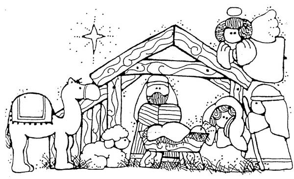 Nativity, : Jesus Nativity in Cartoon Depiction Coloring Page