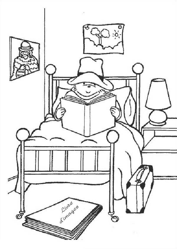 Paddington Bear, : Paddington Bear Reading a Book on His Bed Coloring Page