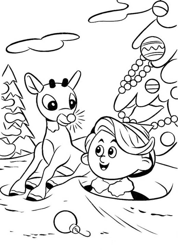 Rudolph, : Rudolph the Red Nosed Reindeer Find a Baby in Snow Hole Coloring Page