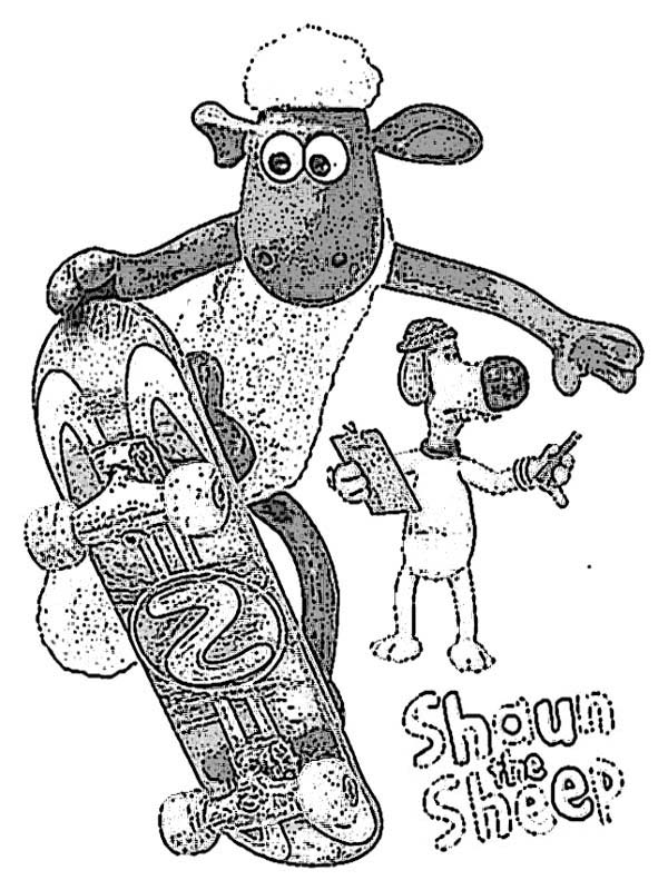 Shaun the Sheep, : Shaun the Sheep Playing Skateboard Coloring Page