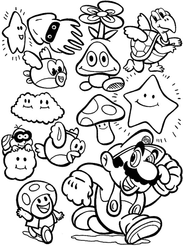 Mario Brothers, : Super Mario Brothers All Characters Coloring Page