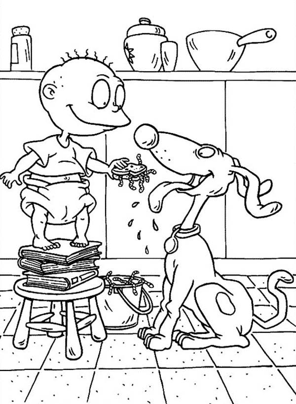 Rugrats, : Tommy Pickles Feeding His Dog in Rugrats Coloring Page
