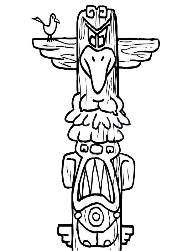 Native American Day, : Bird Perched on a Native American Totem on Native American Day Coloring Page