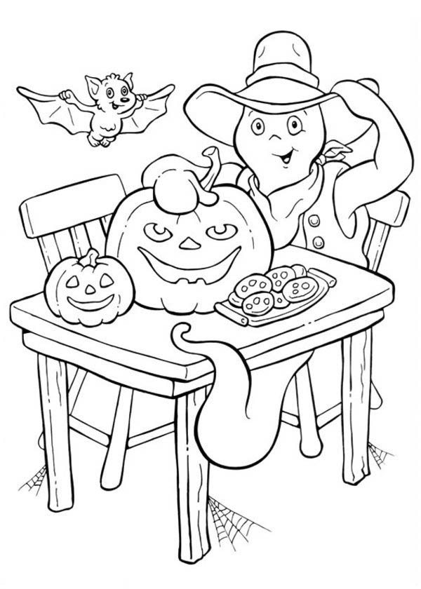 Halloween Day, : A White Ghost with Bat and Pumpkin Cookies on Halloween Day Coloring Page