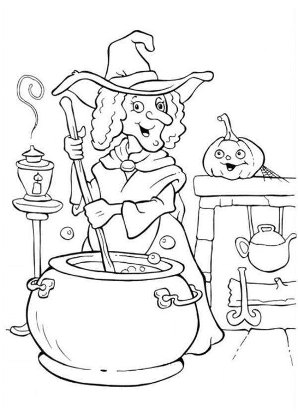 Halloween Day, : A Witch Making Potion on Halloween Day Coloring Page