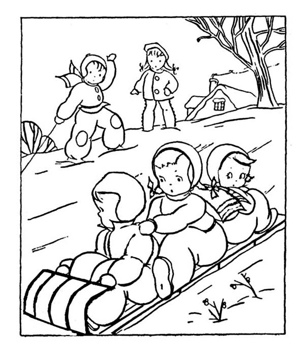 Winter, : A Group of Childrens Playing Sled on Winter Season Coloring Page
