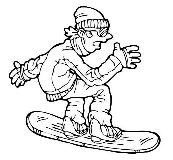 Winter, : A Man Playing Snowboard with Full Winter Season Outfit Coloring Page